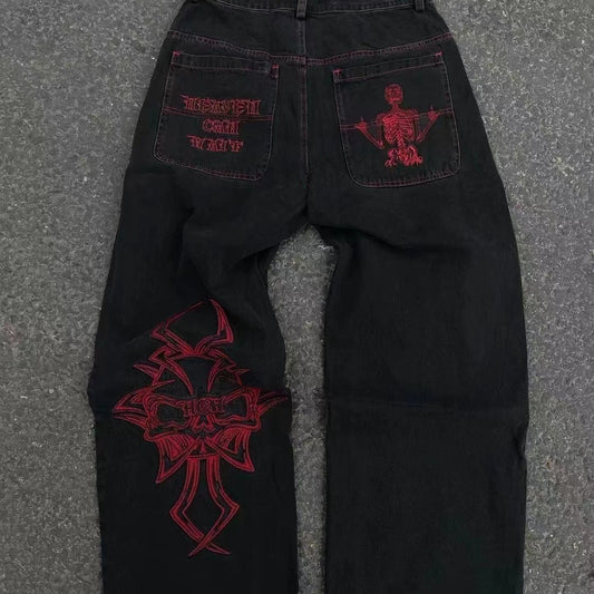 Embroidered Skull Cotton Casual Pants Men's Straight-leg Pants