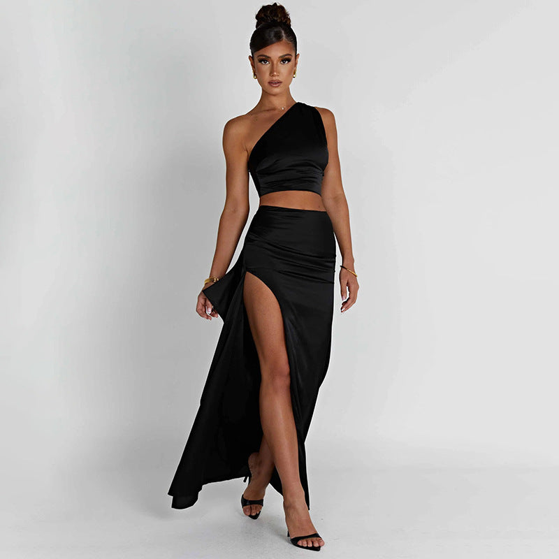 One-shoulder Satin Short Top High Waist Split Maxi Skirt