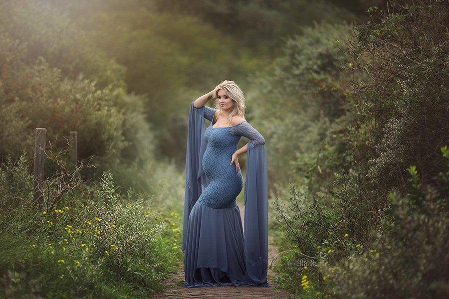 Lace Stitching Super Long Sleeve Maternity Dress