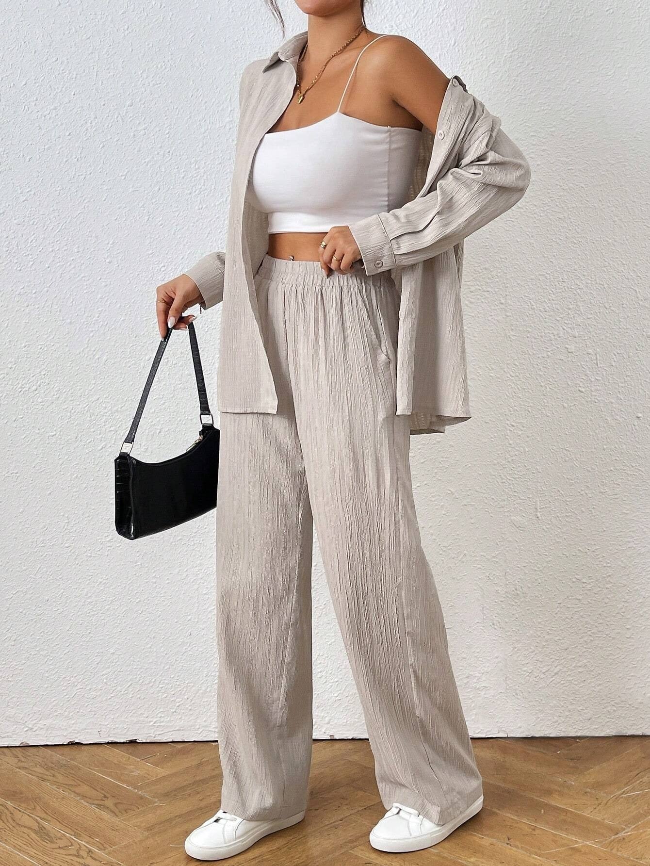 Solid Color Long Sleeved Shirt And Pants Set