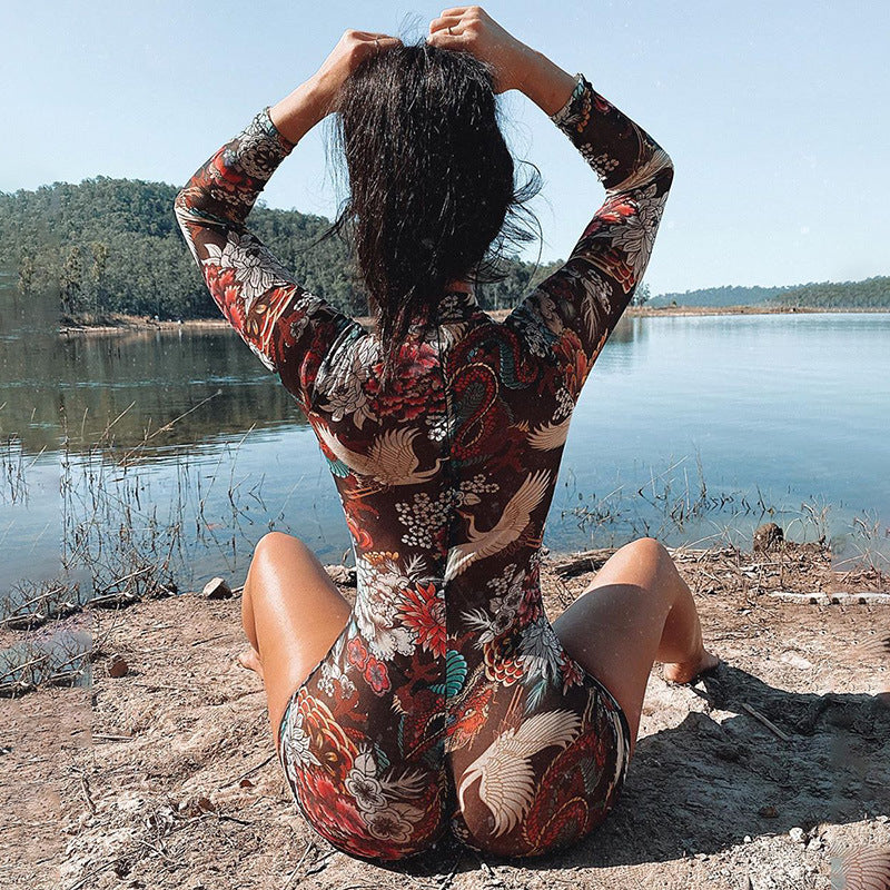 New Style Ladies One-piece Shorts Women Suit Printed Brown