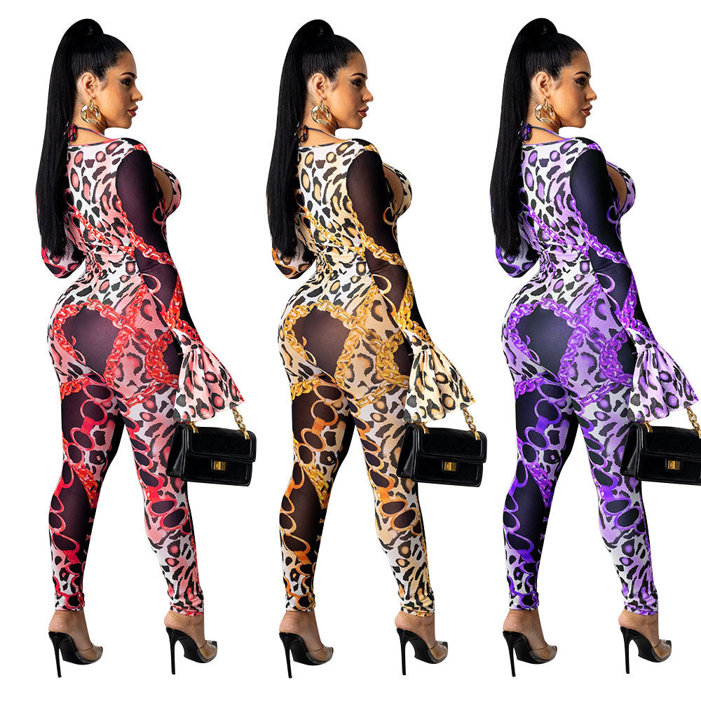 Mesh See-through Printed Two-piece Set