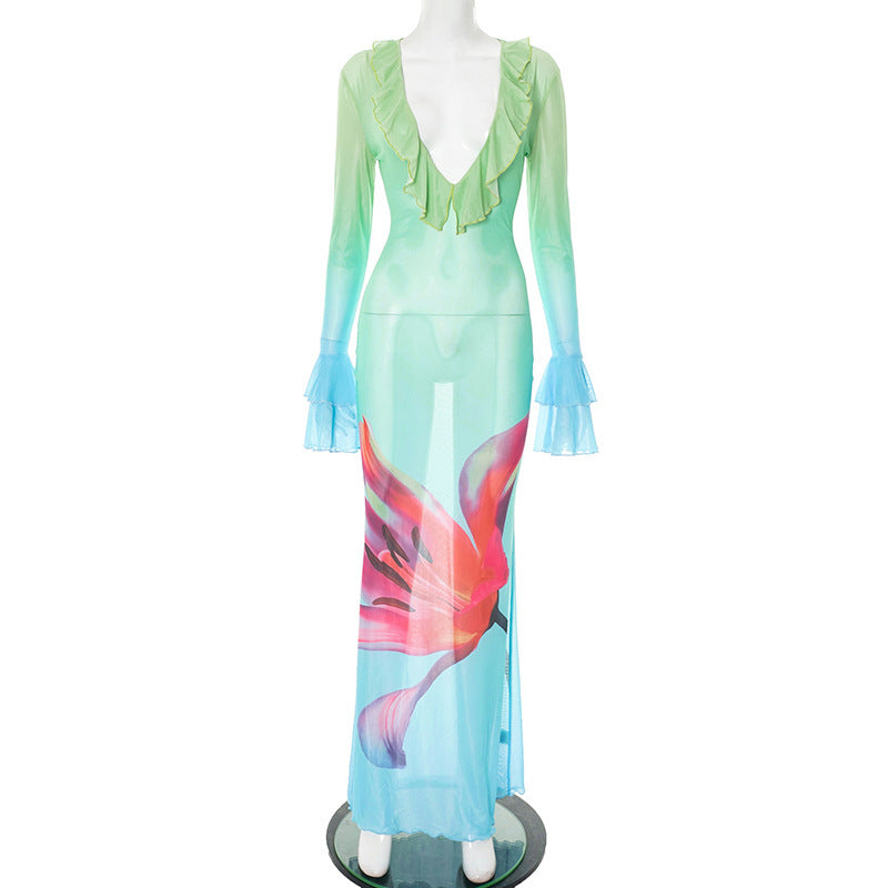 Printed Mesh Long Sleeve Ruffles Long Dress Women