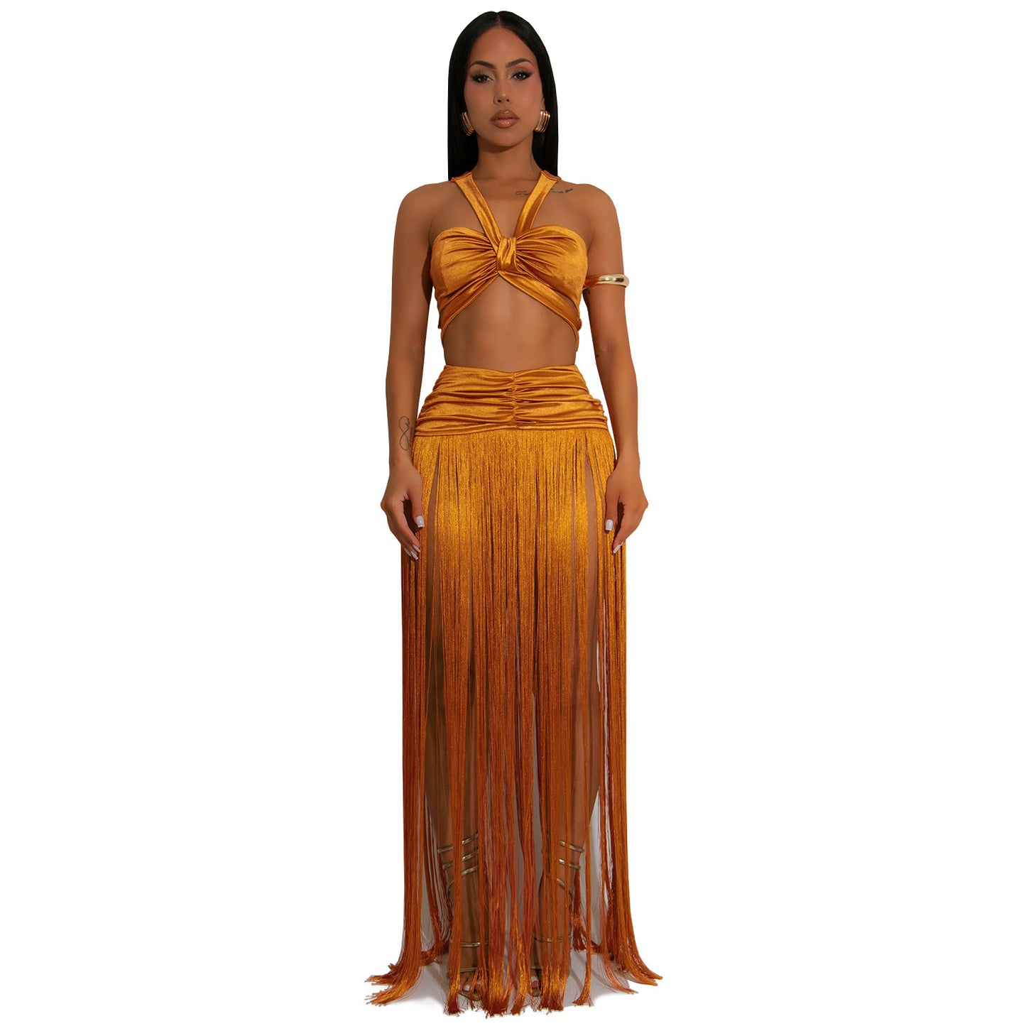 Sexy Shoulder Strap Top Tassel Skirt Two-piece Set