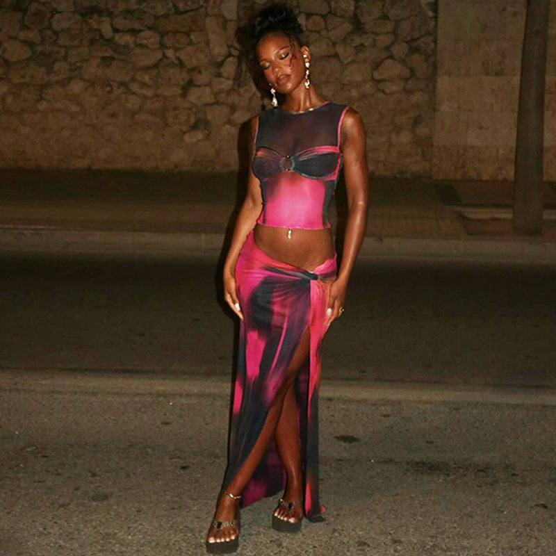 Women's Sleeveless Printed Mesh Half-length Long Dress Suit