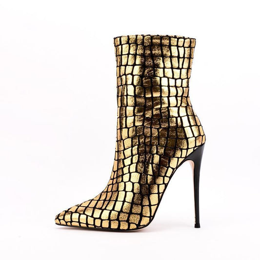 New Stiletto Heel Square Plaid Ankle Boots