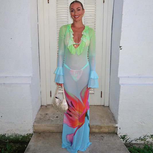 Printed Mesh Long Sleeve Ruffles Long Dress Women