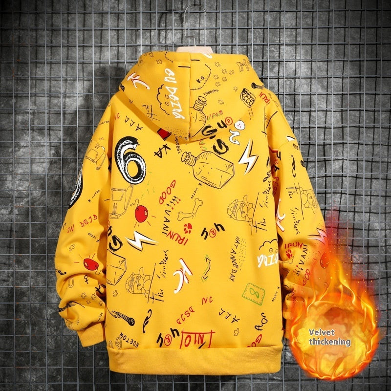 Men's Fleece-lined Graffiti Hooded Sweater