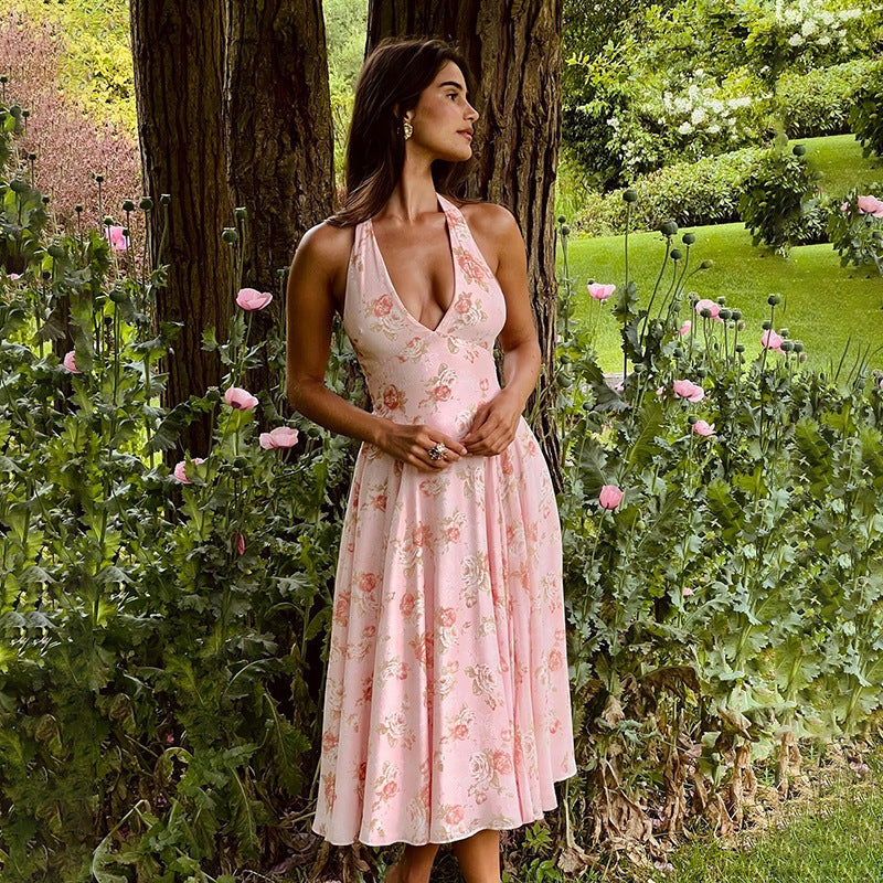 Floral Print Halter A- Line Dress Women