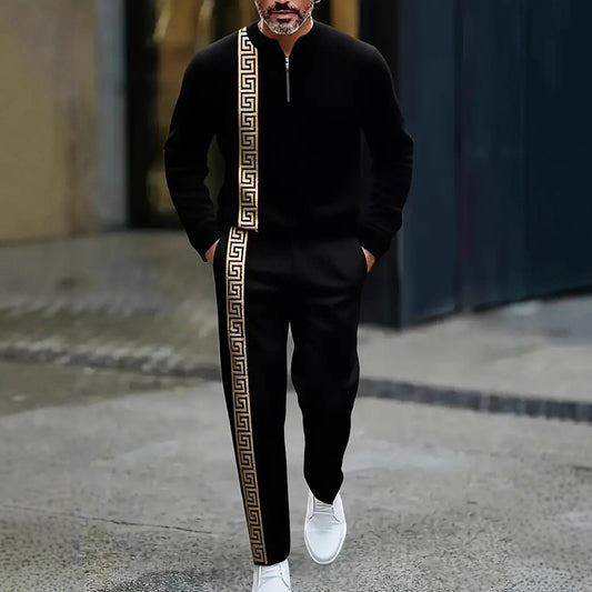 Long-sleeve Polo Shirt Long Pants Half-zip Placket Casual Sportswear Set For Men