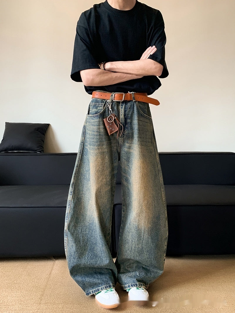 Men's Retro Distressed Machete Denim Slimming Wide-leg Jeans