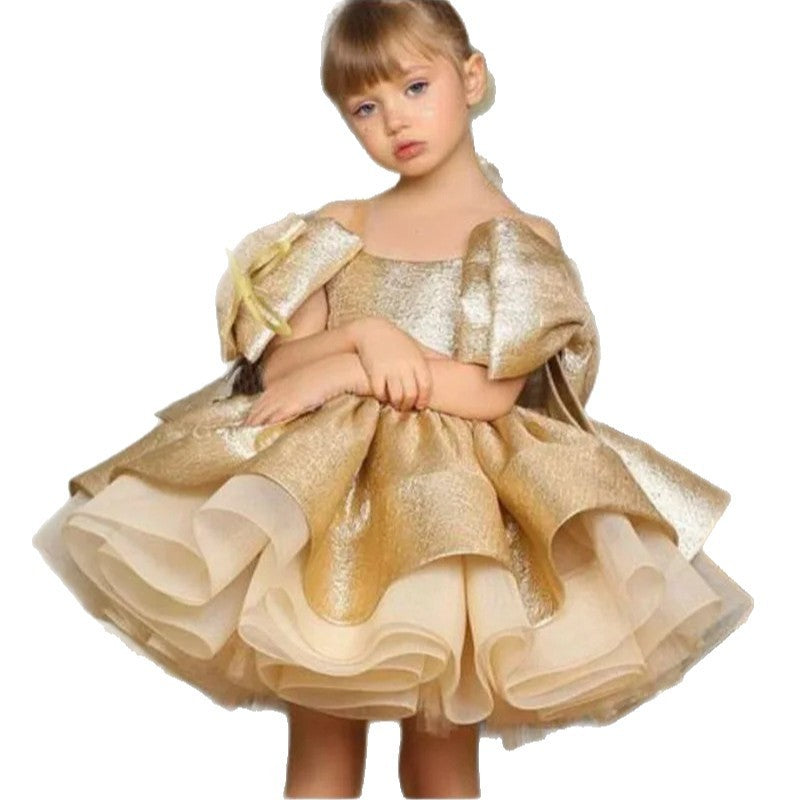 New Gold Satin One Year Old Celebration Dress Western Style Baby Girl Princess Dress