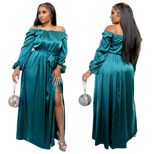 Off-shoulder Lace-up Lantern Sleeve Dress by GJG Denim