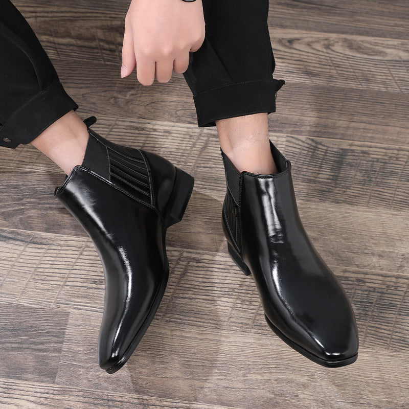 Men's Pointed Toe Chelsea-style Boots Square Heel Business Formal Leather Shoes