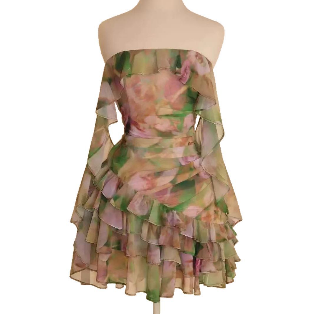 Chiffon Printed Ruffles Tube Dress
