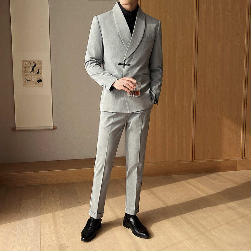Men's Retro Solid Color Collar Two-piece Suit