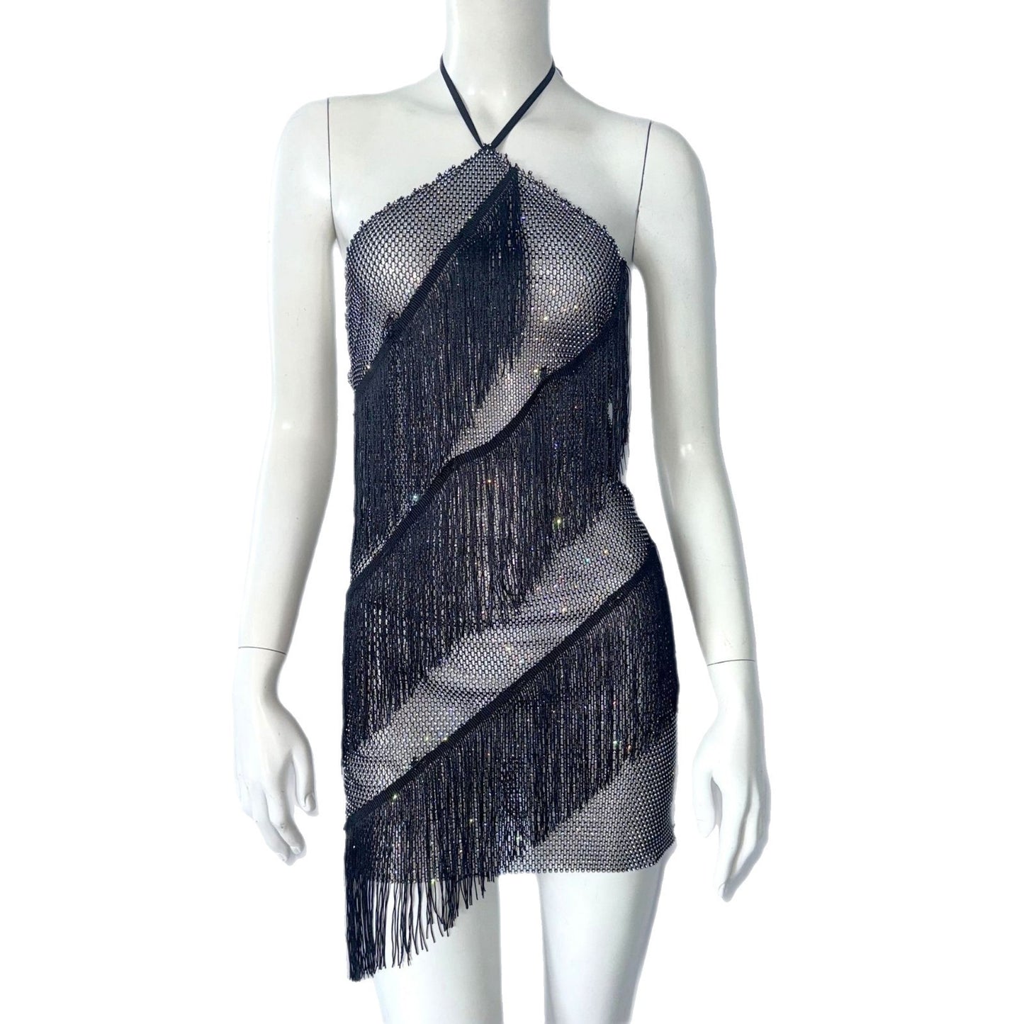 Fishnet Rhinestone Tight Tassel Halter Suspender Skirt