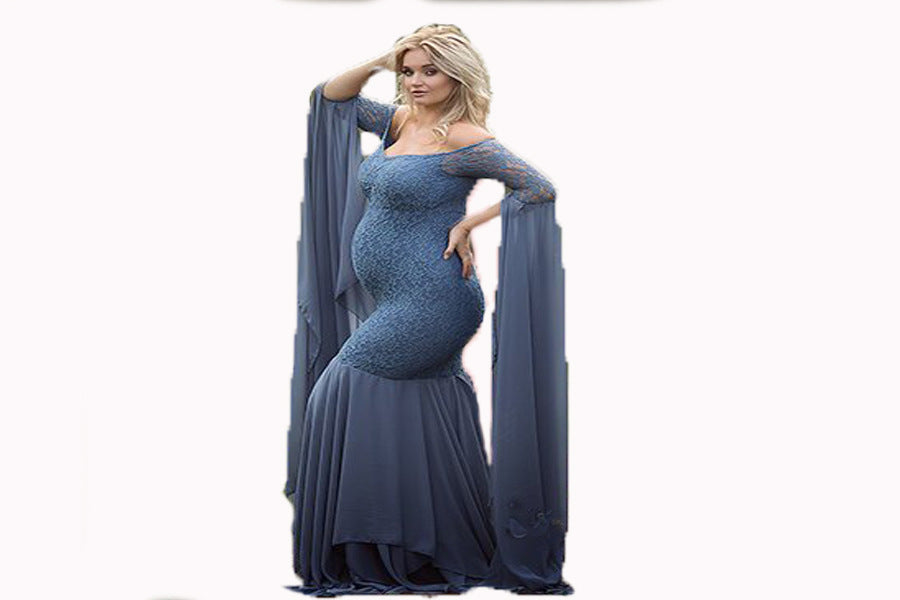 Lace Stitching Super Long Sleeve Maternity Dress
