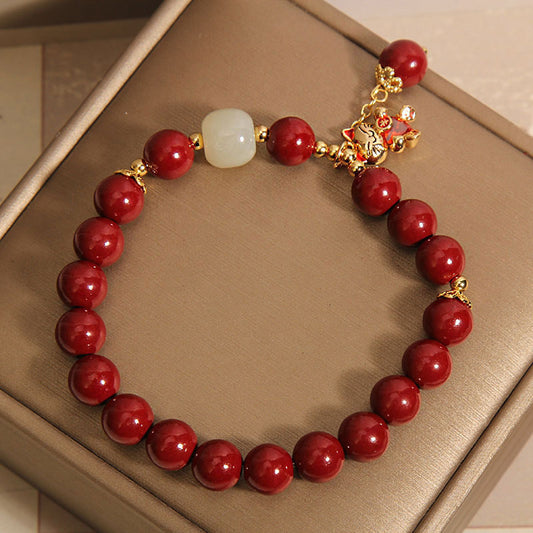 Cinnabar Beaded Lucky Cat Pendant Bracelet