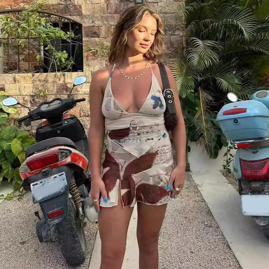 2Pcs Printed Suit Summer Sexy V-neck Halter Top And Pleated Short Skirt Women's Dress Set Clothing by GJG Denim