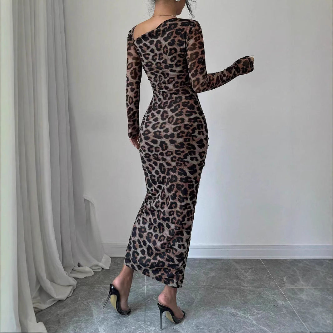 New Women's irregular V-Neck Long Sleeve Sexy Leopard Print Dress