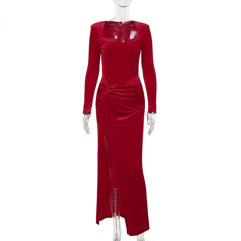 Socialite Style Elegant Long Sleeve Velvet Slit Formal Dress