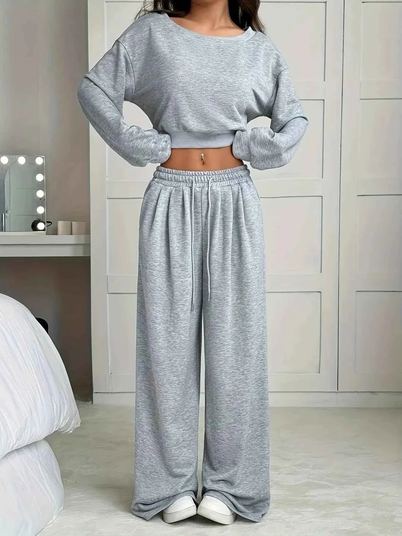 Full Size Boat Neck Crop Top & Wide Leg Pants Set Plus Size