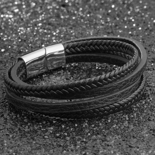 Stainless Steel Faux Leather Braided Rope Magnetic Clasp Bracelet For Men