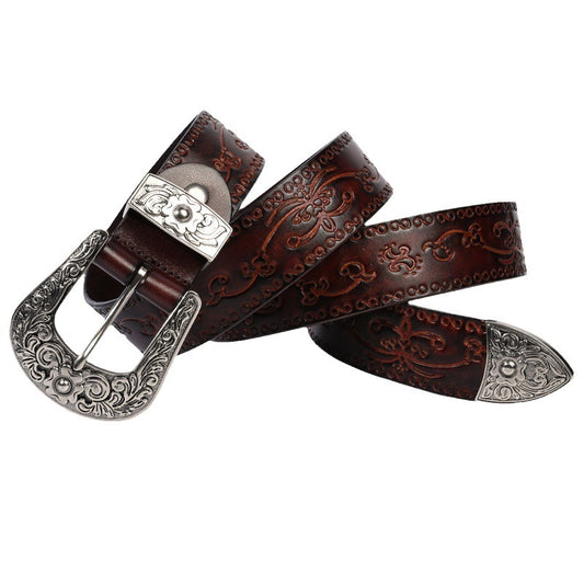 Men's Embossed First Layer Cowhide Mongolian Style Personalized Carved Belt