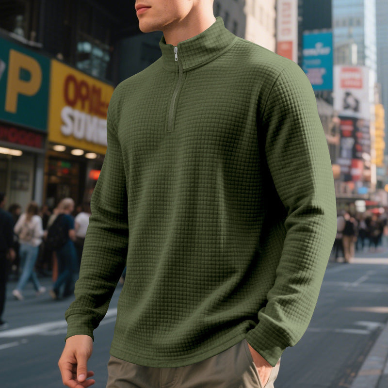 Men's Stand Collar Half Zip Small Plaid Sweater