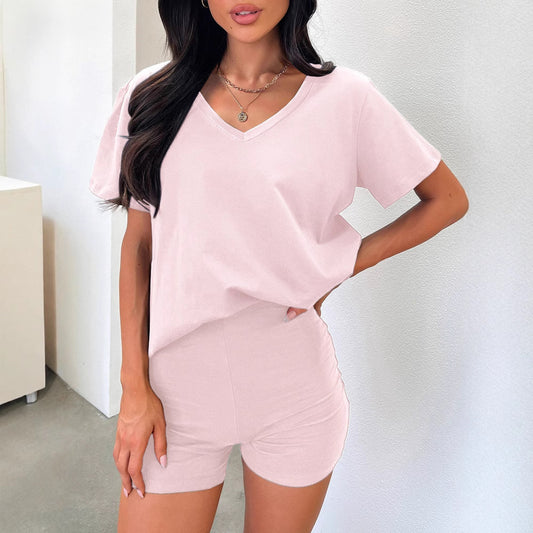 V-neck Fashion Solid Color Casual Fashion Shorts Suit Women