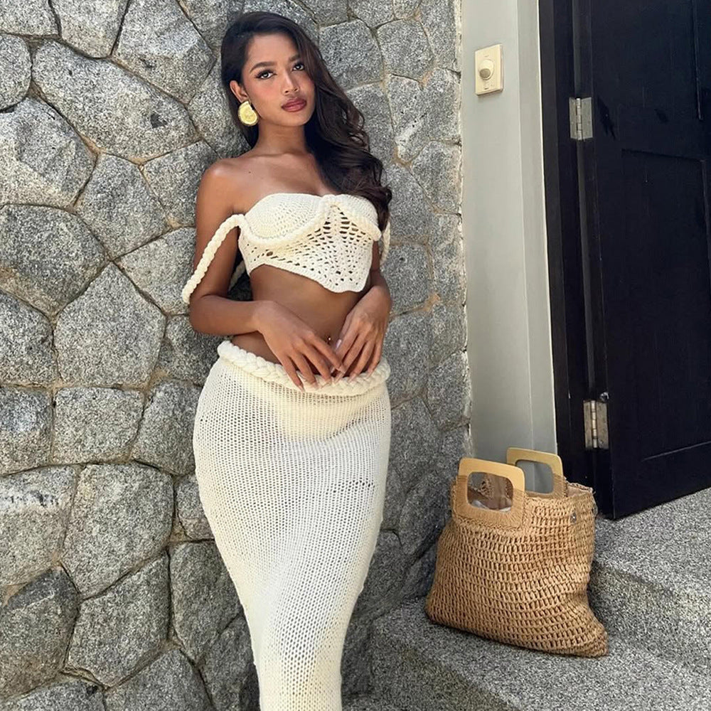 European And American Sexy Hollow-out Navel Knitted Beach Skirt Leisure Seaside Vacation