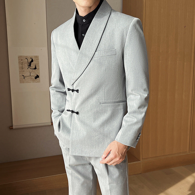 Men's Retro Solid Color Collar Two-piece Suit