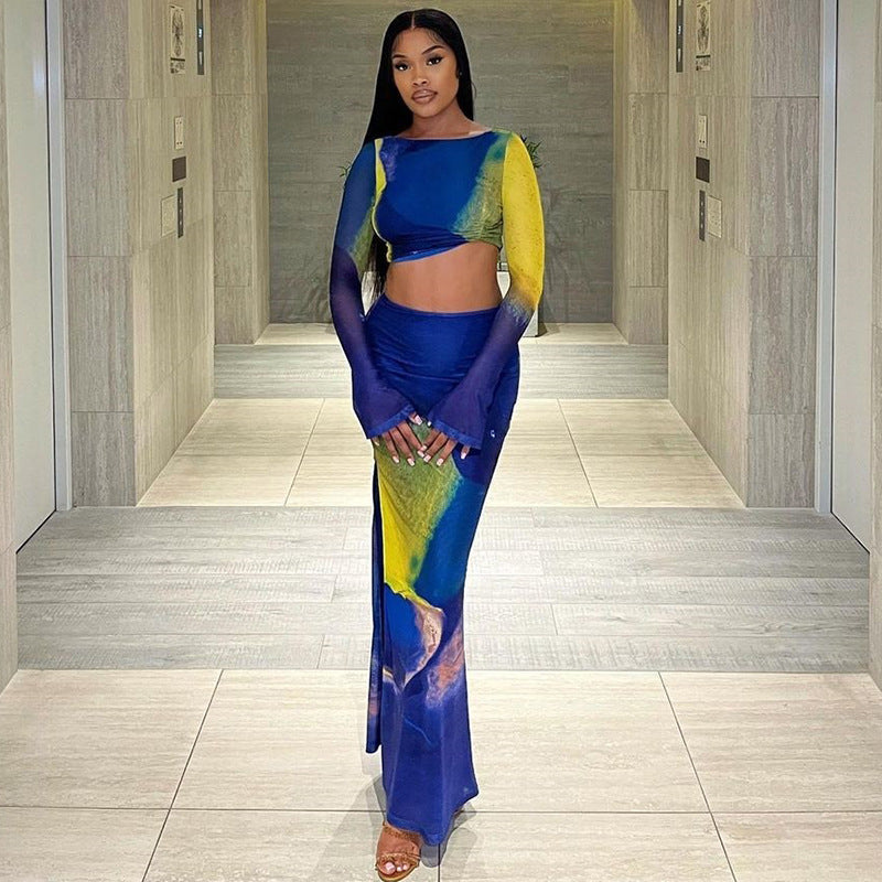 Printed Long Bell Sleeve top and long Skirt Set