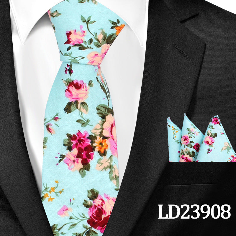 Men's Casual Cotton Floral Print 6cm Tie and Pocket Square