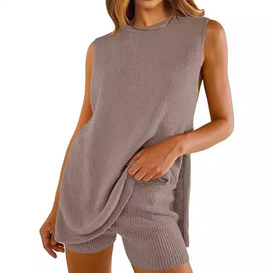 Summer Loose-fitting Casual Round-neck Vest Shorts Knitting Suit Women