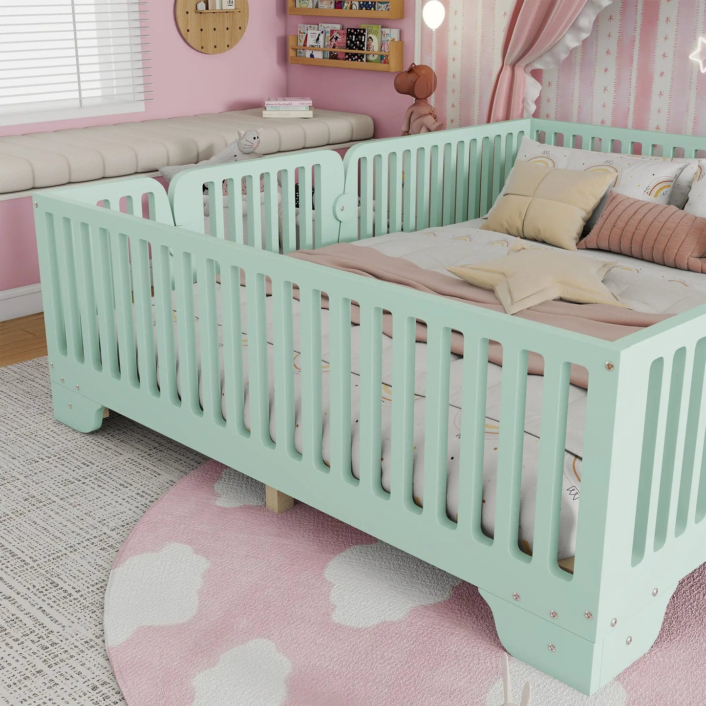Full Floor Bed With Slats And Fence, Full Size Montessori Floor Beds With Door, No Box Spring Needed, Mint Green by GJG Denim