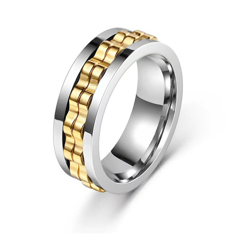 Men's Titanium Spinner Square Texture Polished Stainless Steel Gear Rotating Anxiety Fidget Rings