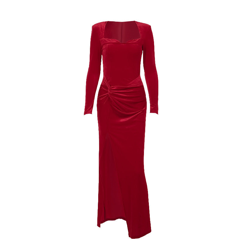 Socialite Style Elegant Long Sleeve Velvet Slit Formal Dress