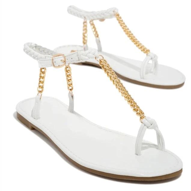 Round Toe Flat Toe Metal Chain Sandals Women's Large Size Beach Sandals by GJG Denim