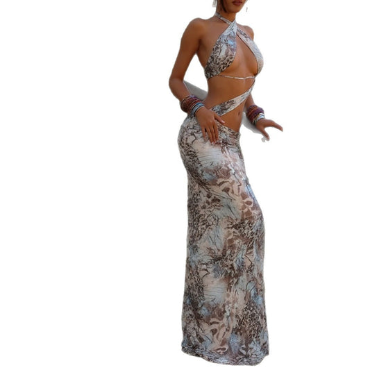 European And American Fashion Cool Slim Fit Halterneck Printed Hollow Sexy Sheath Dress