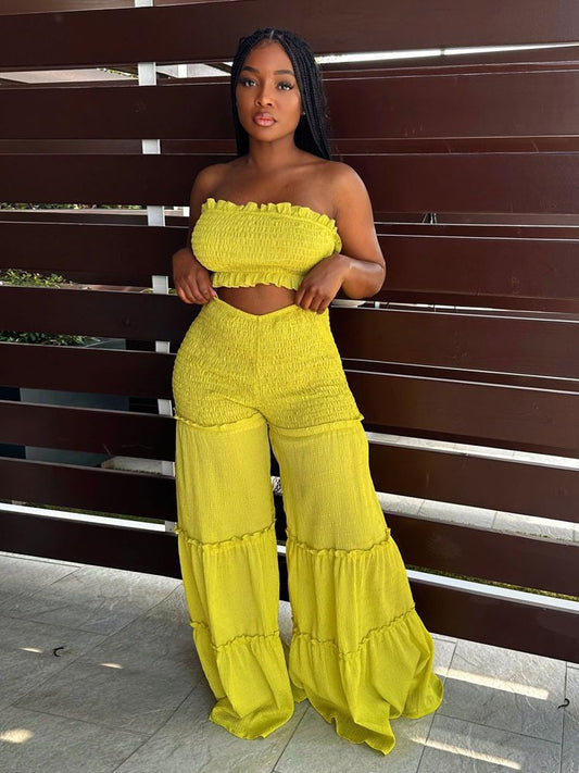 Smocking Stitching Strapless Top Pants Two-piece Suit