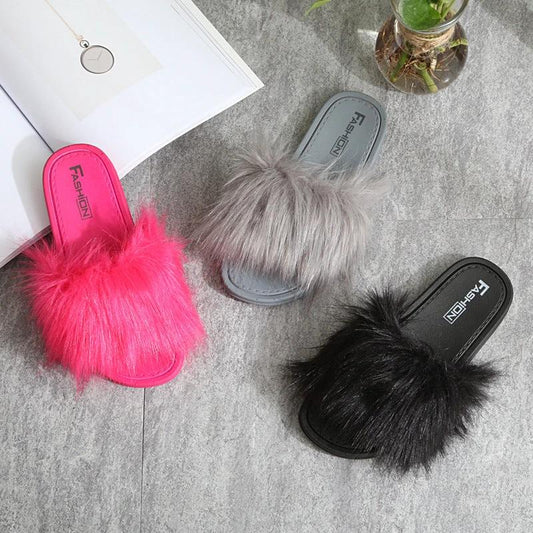New Style Slippers female slippers fashion outside wear Maomao shoes ladies faux animal hair cool slippers by GJG Denim