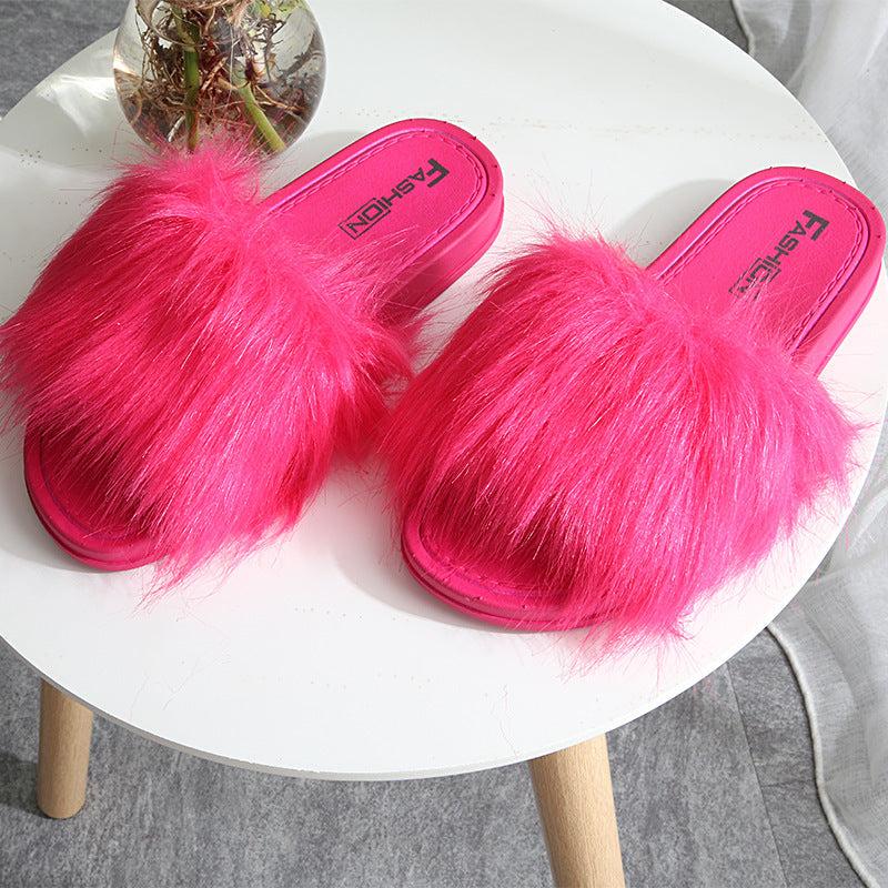 New Style Slippers female slippers fashion outside wear Maomao shoes ladies faux animal hair cool slippers
