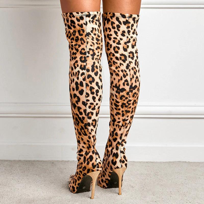 Winter Fashion Leopard Print Pointed-toe Skinny Stiletto Heel High Leg Boot by GJG Denim