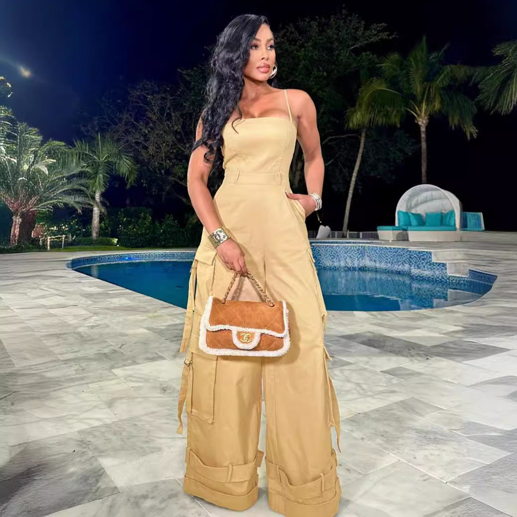 Tube Top Multi-pocket Cargo Wide Leg Jumpsuit