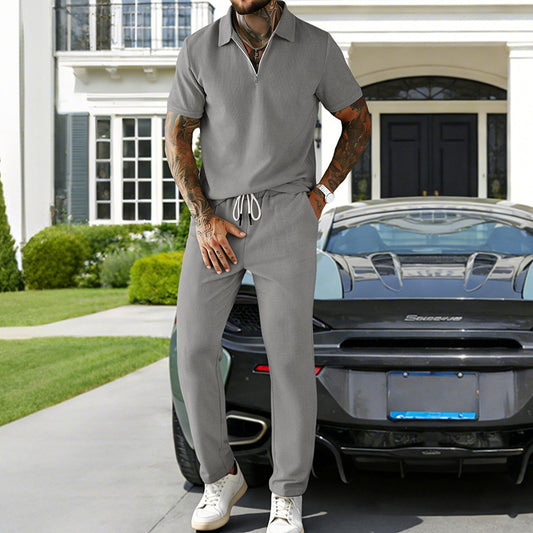 Men's Casual Corduroy Short-Sleeve Polo And Pants Set