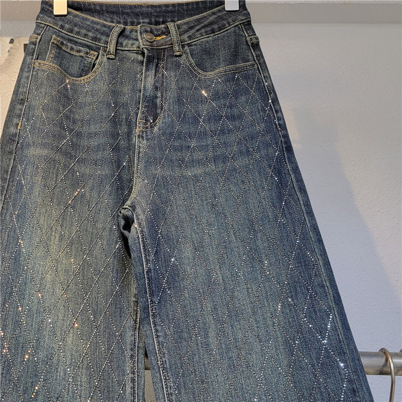 Heavy Industry Hot Rhinestone Lattice Diamond High Waist Loose Wide Leg Pants