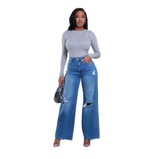 Women's Ripped High Waist Loose Straight Wide Leg Jeans by GJG Denim