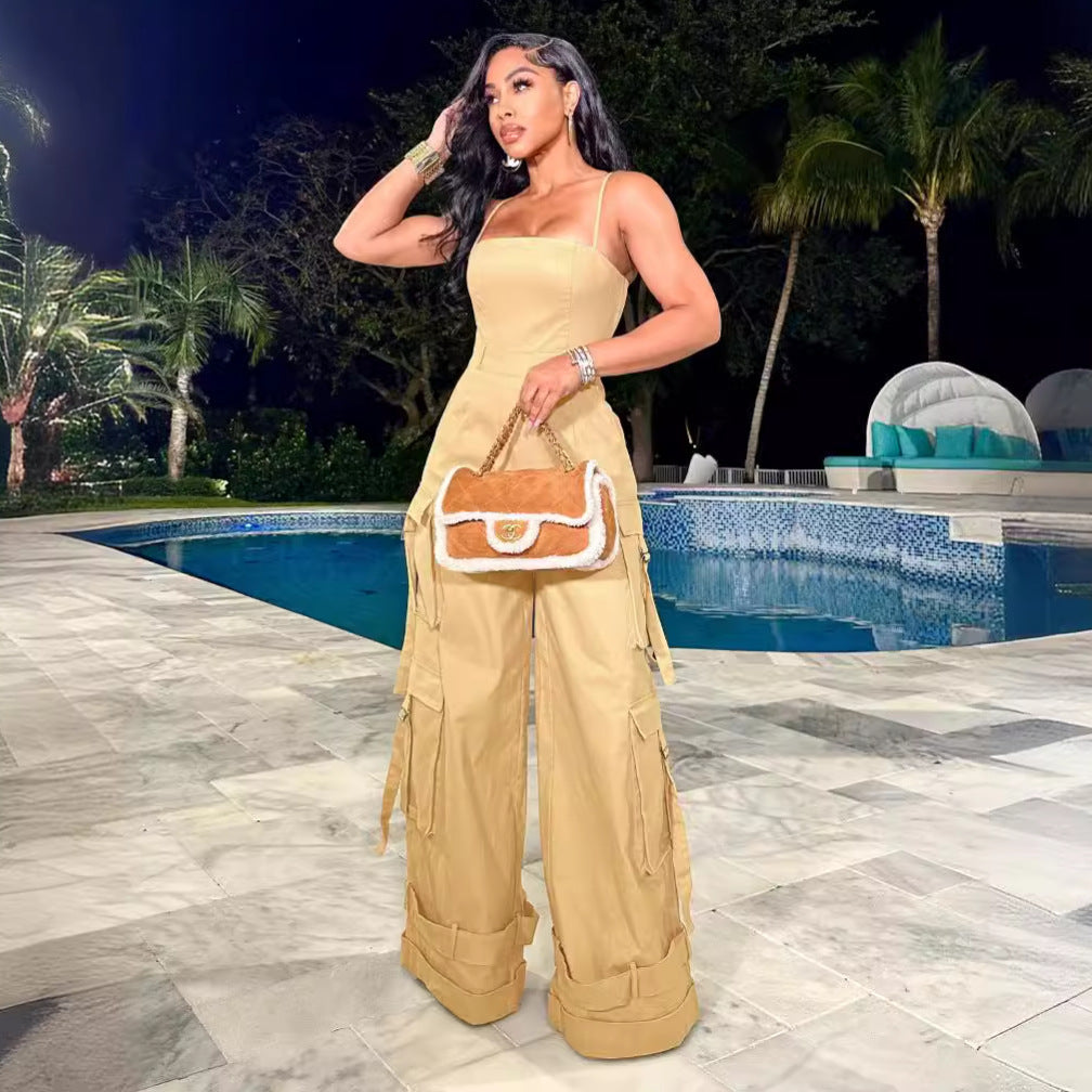 Tube Top Multi-pocket Cargo Wide Leg Jumpsuit